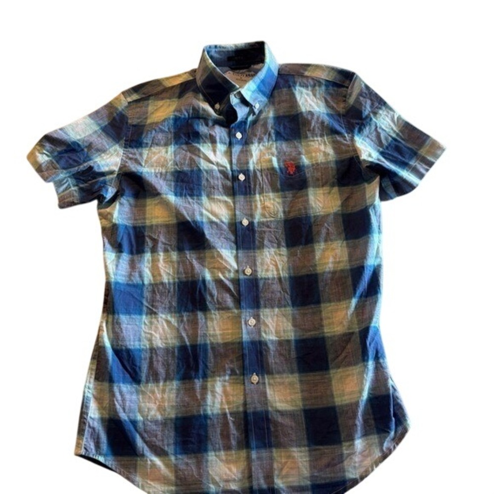 US‎ Polo Assn Boys Blue Plaid Short Sleeve Button Down Shirt Small S Stretch
